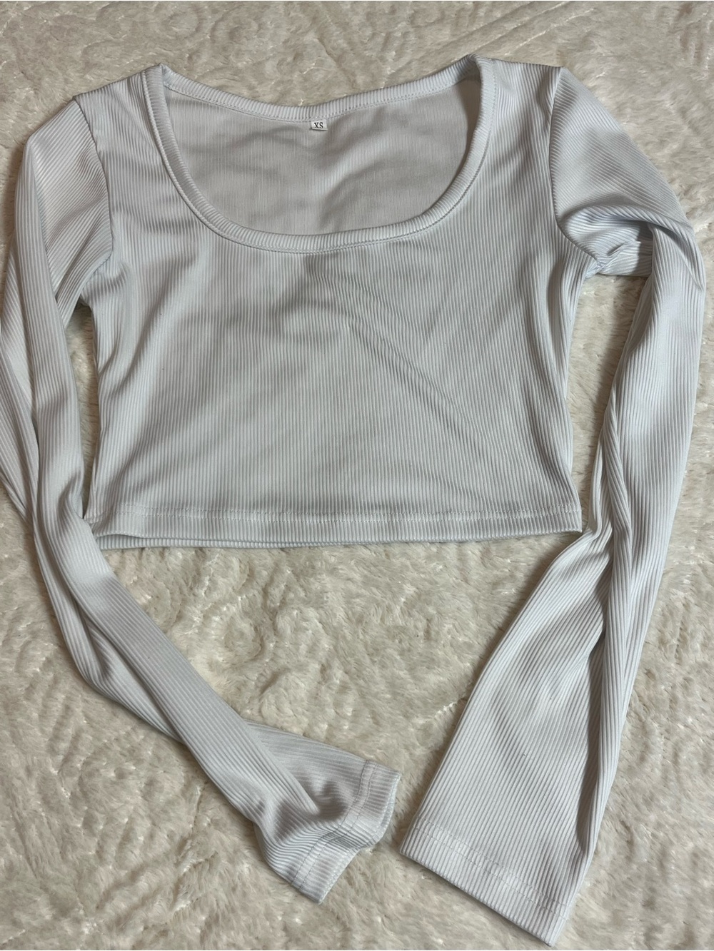 Ribbed Scoop Neck Long Sleeve Crop Top - White